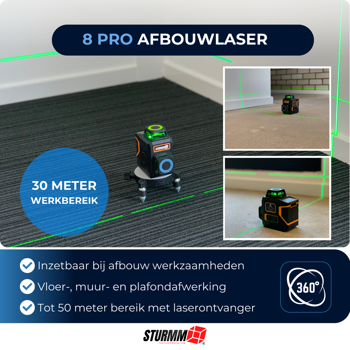 Cross Line Laser LL-A3300 - 2 x 360° Lines - Green Laser - 4000mAh Battery