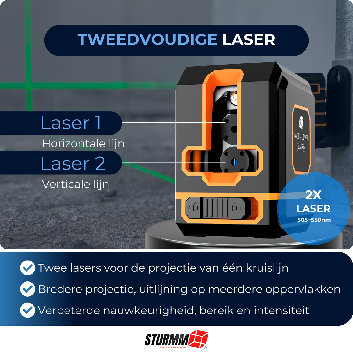 Kreuzlinienlaser LL-A1600 - Zwei einstellbare Linien - Grüner Laser - 1000mAh Akku