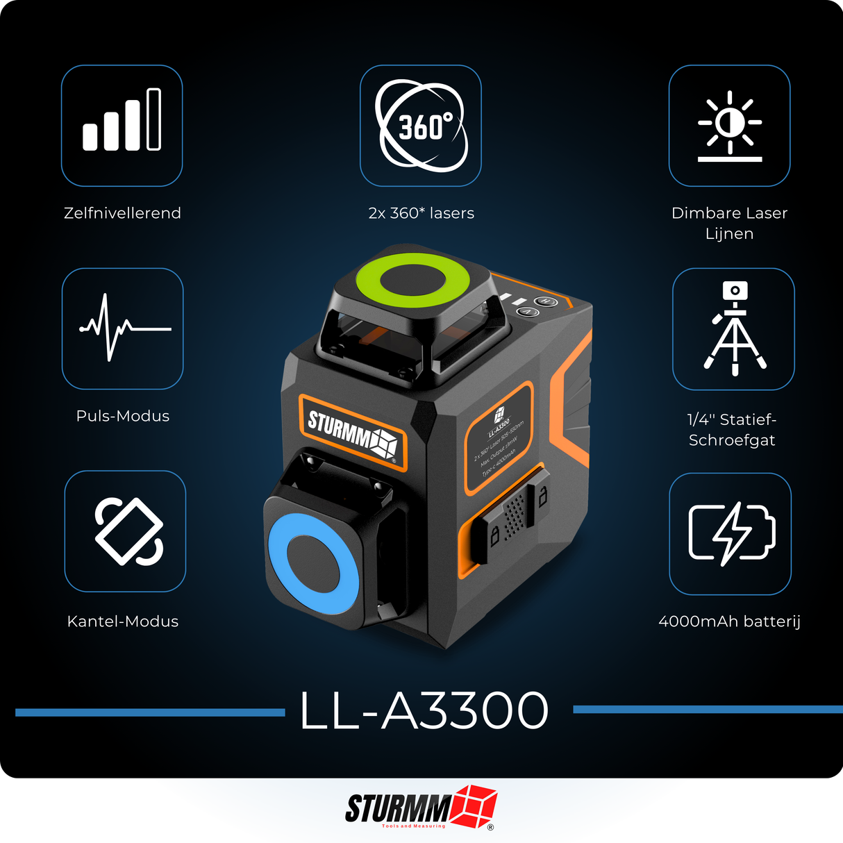 Cross Line Laser LL-A3300 - 2 x 360° Lines - Green Laser - 4000mAh Battery