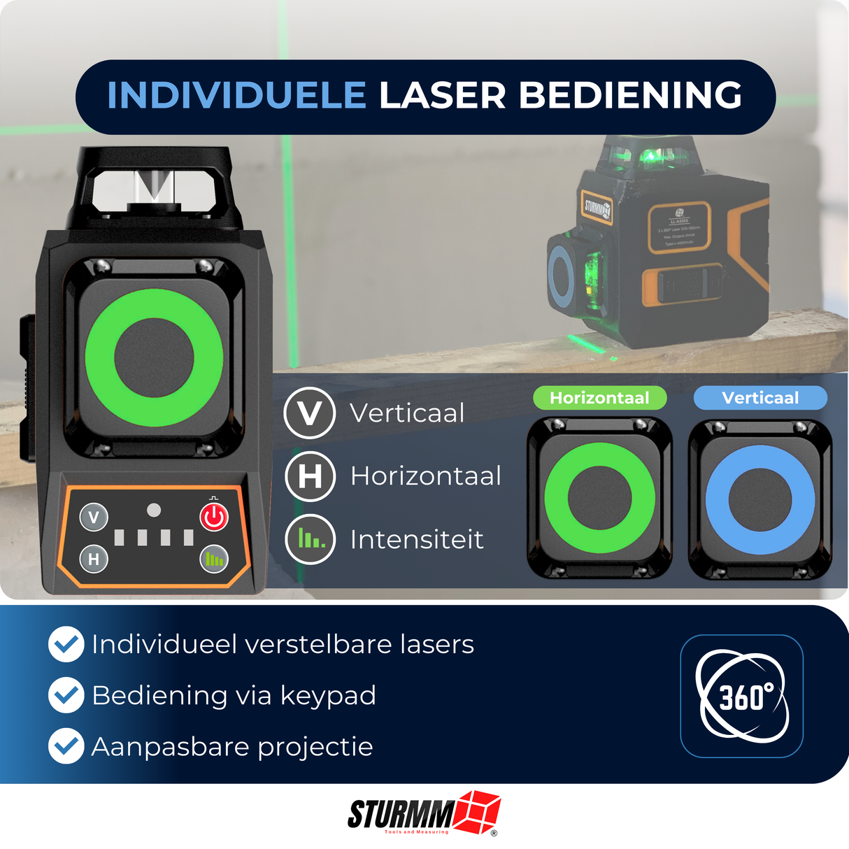 Cross Line Laser LL-A3300 - 2 x 360° Lines - Green Laser - 4000mAh Battery