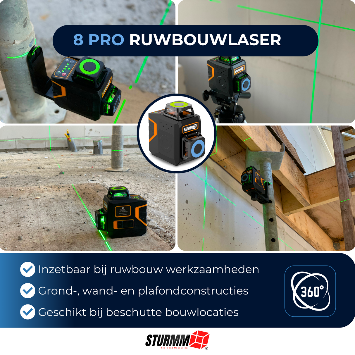 Cross Line Laser LL-A3300 - 2 x 360° Lines - Green Laser - 4000mAh Battery